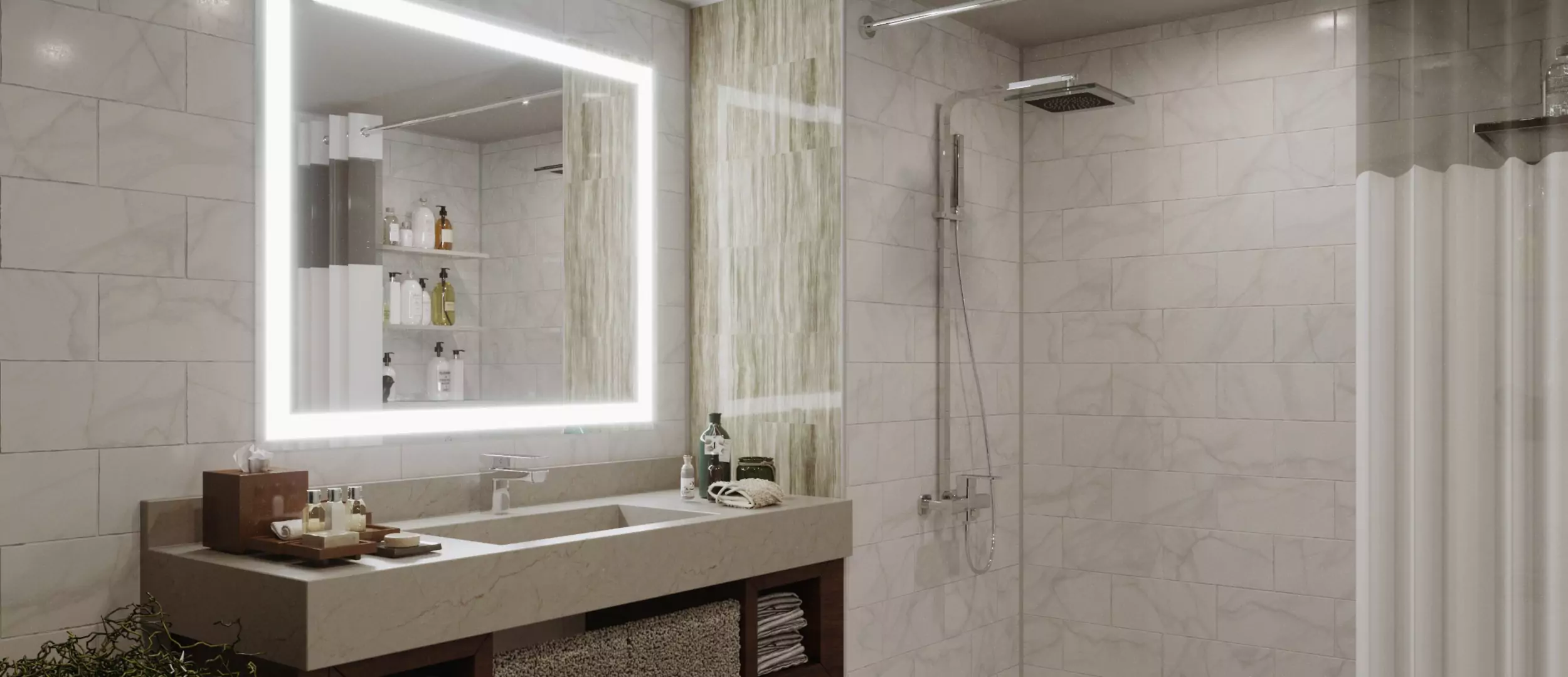 A porcelain tiled wall with a sink and a lighted mirror set above a single sink.