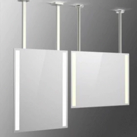 Ceiling-mount illuminated mirrors with stainless steel brackets.