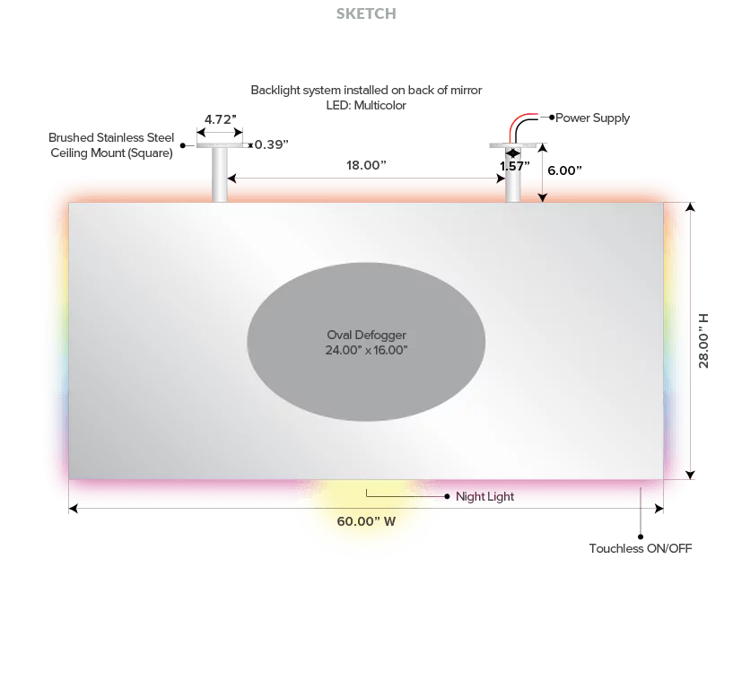 Drawing of multi-colored LED backlight mirror with oval defogger and its dimensions.