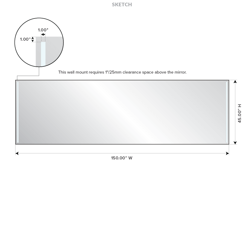 Drawing of a portrait trifold illuminated mirror with its detailed dimensions.