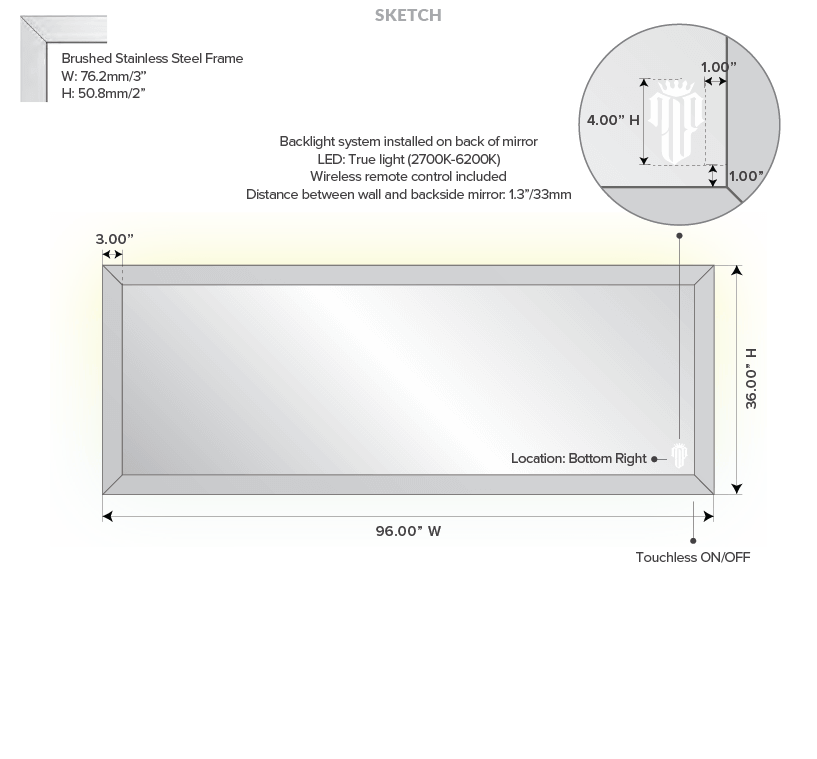 Dimensions of brushed stainless steel frame with an LED backlight mirror.