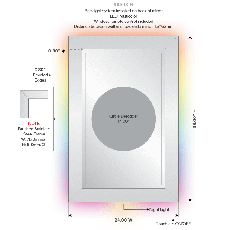 Drawing of multi-colored LED backlight mirror with circle defogger with its dimensions.