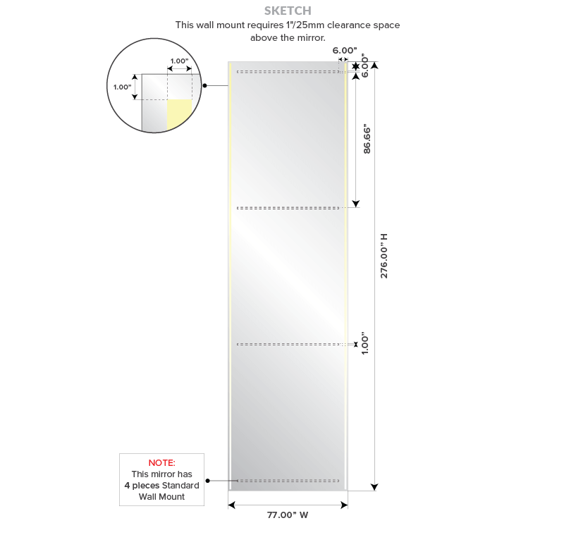 Drawing of Lighted four pieces of standard wall mount mirror with its dimensions.