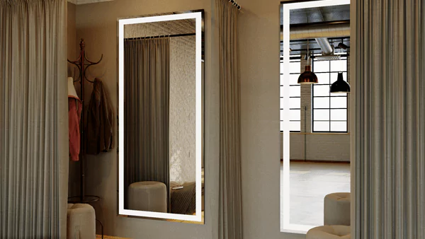 A preview of a restroom with a white bathtub and a wall-mounted lighted mirror above the basin.