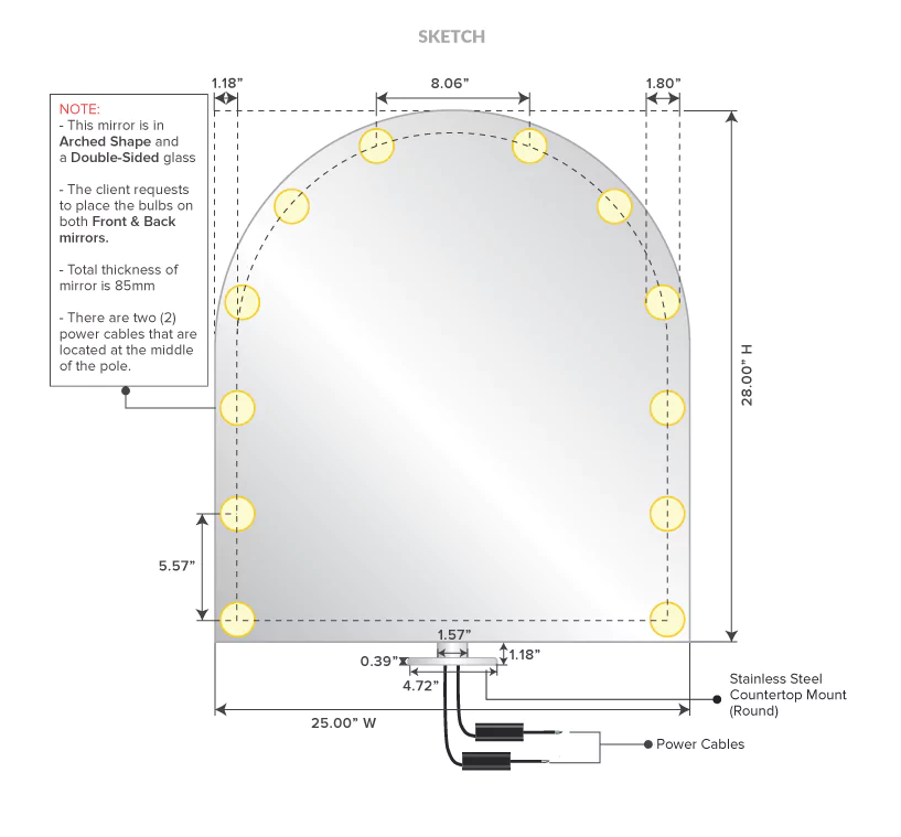 Stainless steel countertop light-enhanced mirror with precise dimensions.