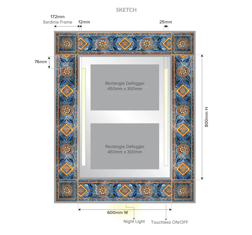 Drawing of Sardinia frame with its unique defogger and detailed scale.