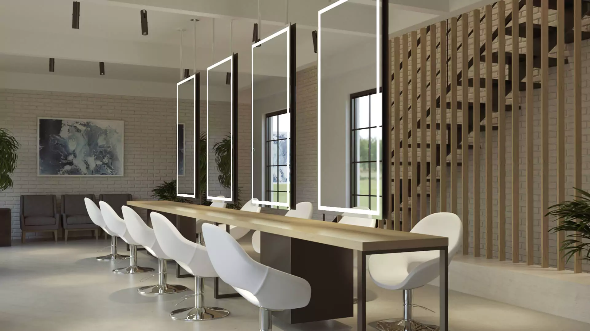 Spacious salon with ceiling-mounted lighted mirrors, a wooden long table, and white chairs.