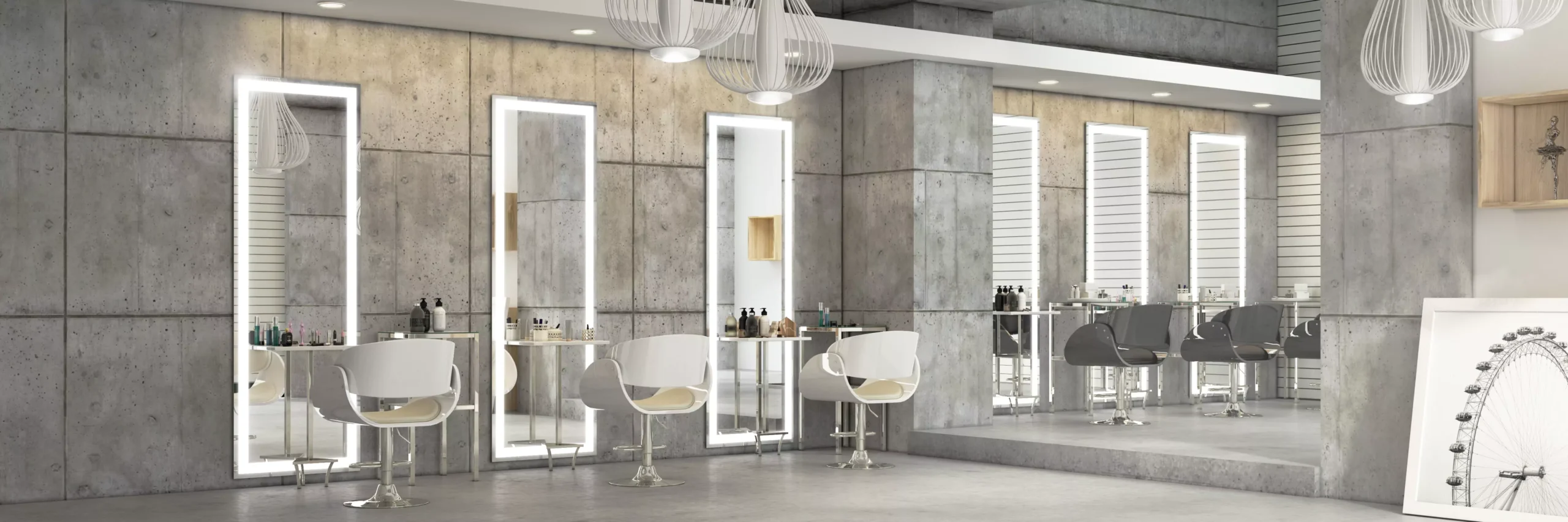 Salon with customizable lighted mirror, giving the place a sophisticated look.