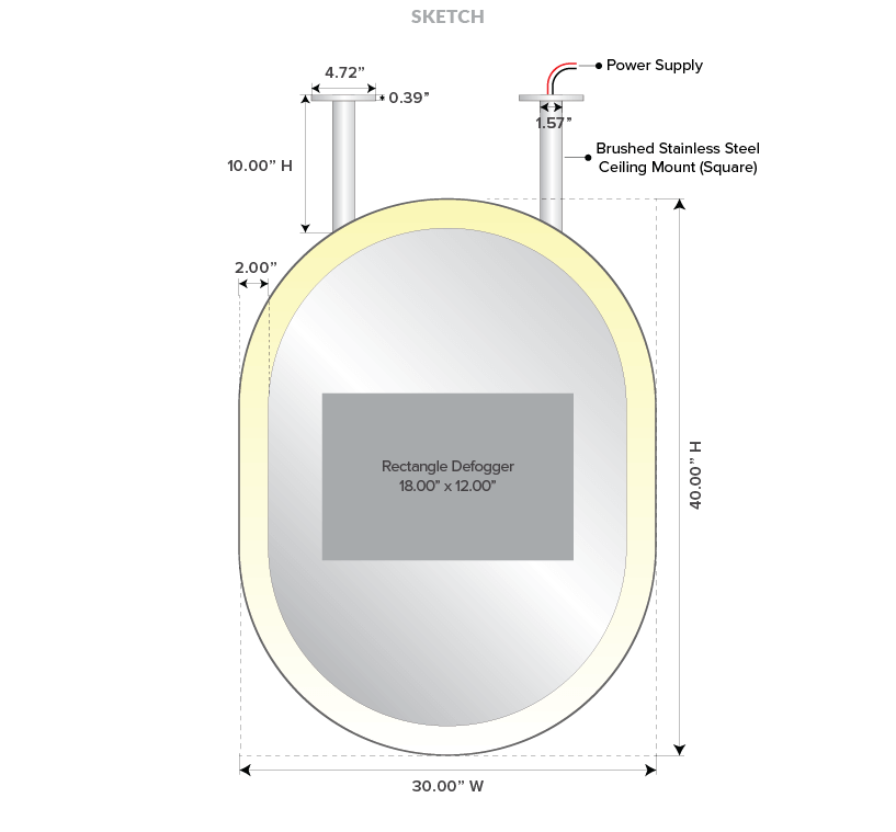 Dimensions of an oval-shaped ceiling mount lighted mirror with a rectangular defogger.