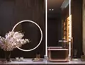 Circular and rectangular-shaped LED mirrors with a single sink and a white flower in a washroom.