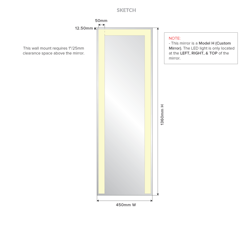 Custom light-framed mirror with its dimensions.