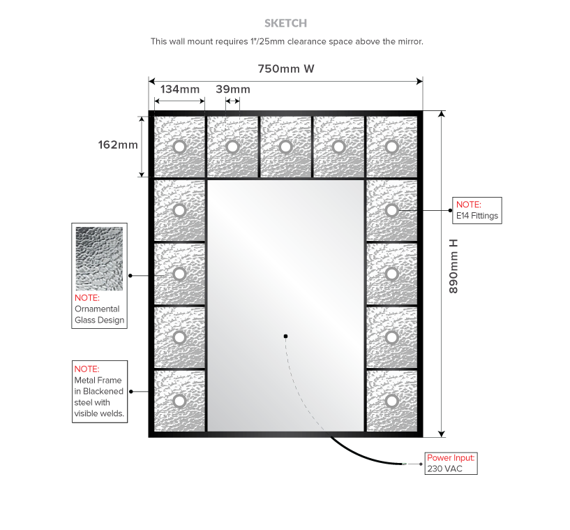 Drawing of ornamental glass design with a blackened metal frame and its dimensions.