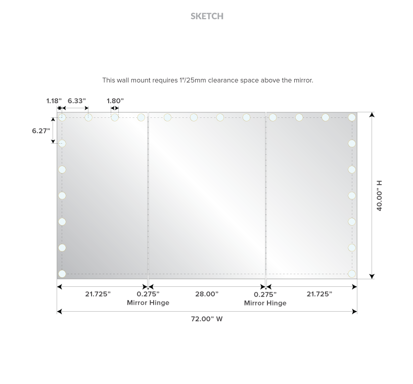 Detailed drawing of a trifold lighted mirror with its dimensions.