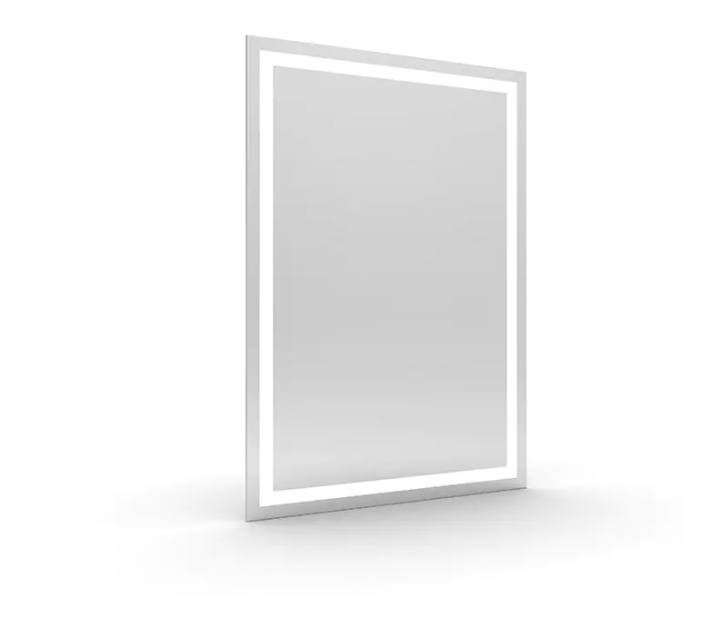 A light-framed mirror stands on a white surface.