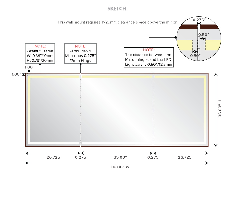 Drawing of a trifold walnut frame of the lighted mirror showing its dimensions.